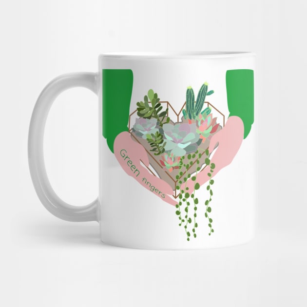 Green Fingers, girl holding succulent terrarium with cactus, agava, string of pearls by Orangerinka